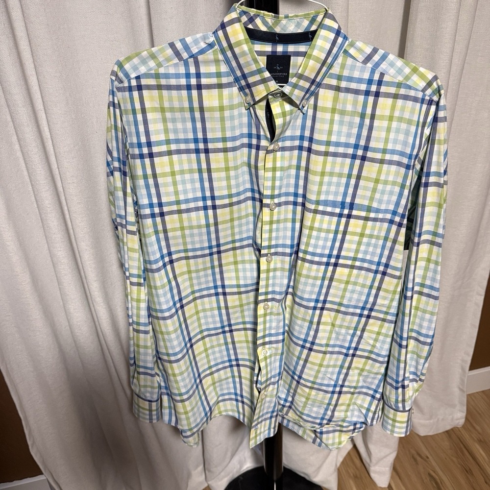 TAILORBYRD Men's XL Green/Blue Plaid Cotton Dress Shirt Spread Collar Button - Picture 1 of 6